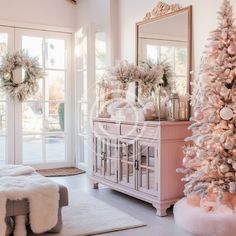 a white christmas tree in front of a pink dresser and mirror with wreaths on it