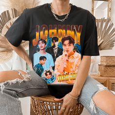 "NCT 127 Johnny Retro Vintage Tee - Kpop Shirt - Kpop Merch - Nct Merch - NCTzen Tee - NCT 127 Retro Bootleg T-shirt This is our unisex shirt, and it's true to size. To get the oversized look, you have to choose +1 or +2 of your original size number. If you're not sure about your size, you can refer to our size chart. Reach out if you have any issues with your order! The unisex heavy cotton tee is the basic staple of any wardrobe. It is the foundation upon which casual fashion grows. The specially spun fibers provide a smooth surface for premium printing vividity and sharpness. No side seams mean there are no itchy interruptions under the arms. The shoulders have tape for improved durability. .: 100% cotton (fiber content may vary for different colors) .: Medium fabric (5.3 oz/yd² (180 g/m Black Kpop Tops With Letter Print, Black Kpop Letter Print Top, Black Kpop Tops With Graphic Print, Kpop Fan Merchandise Black T-shirt, Black Kpop Fan Merchandise T-shirt, Black Kpop T-shirt With Crew Neck, Kpop Black T-shirt With Graphic Print, Kpop Short Sleeve Tops With Graphic Design, Kpop Style Graphic Design Short Sleeve Tops