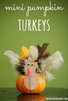 a fake turkey sitting on top of a pumpkin with the words mini pumpkin turkeys