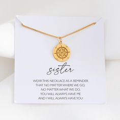 ✨ Compass Necklace - A Symbol of Connection & Guidance for Sisters ✨ Celebrate the special bond between sisters with this elegant Compass Necklace, a meaningful piece that represents guidance, support, and shared journeys. Whether it's your sister, bonus sister, sister-in-law, or BFF, this necklace serves as a beautiful reminder of the unbreakable connection you share. The necklace comes with a heartfelt card that reads: "Wear this necklace as a reminder that no matter where we go,  no matter wh Sister Bond, Bff Necklace, Sister In Law Gifts, Christmas Gifts For Sister, Sister Sister, Sister Christmas, Sister Jewelry, Bff Necklaces, Sister Necklace