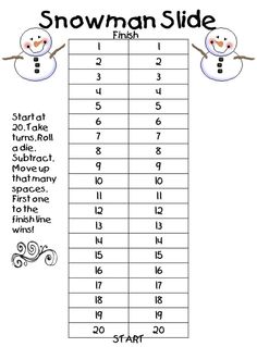 a snowman slide with numbers to 20 on it and the number line in front