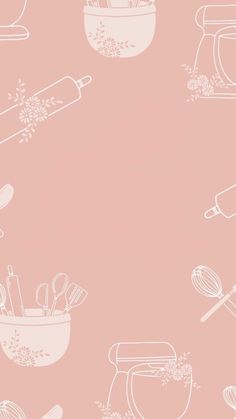 a pink wallpaper with kitchen utensils and mixers