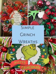 the grinch wreaths are decorated with candy canes and christmas decorations, as well as