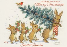 a christmas card with three rabbits and a bird on the top, one is holding a branch