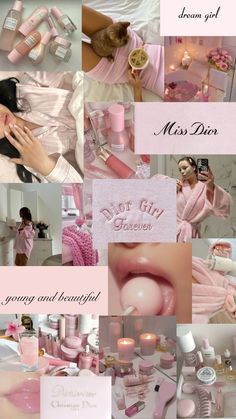 a collage of photos with pink and white items