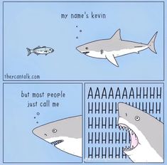 a comic strip with sharks and fish in the water, one shark has its mouth open