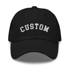 "Customize this cap with your favorite city, name, text or year in college style font (or any font you'd like)! Leave the word you would like in the Personalization box and message us if you have any questions. * 100% chino cotton twill * Green Camo color is 35% chino cotton twill, 65% polyester * Unstructured, 6-panel, low-profile * 6 embroidered eyelets * 3 ⅛\" (7.6 cm) crown * Adjustable strap with antique buckle This product is made especially for you as soon as you place an order, which is Texas Baseball, Vacation Hat, Pumpkin Hat, Holiday Hats, Travel Hat, Baby Goats, Embroidered Baseball Caps, Camo Colors, Dad Caps