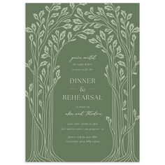 a green wedding card with trees in the middle and white lettering on it, which reads dinner