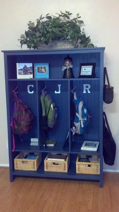 a blue bookcase filled with lots of items next to a wall mounted potted plant