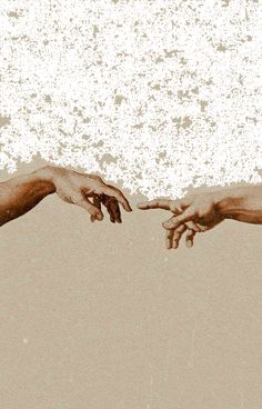 two hands reaching out towards each other in front of a white and beige background with splatters