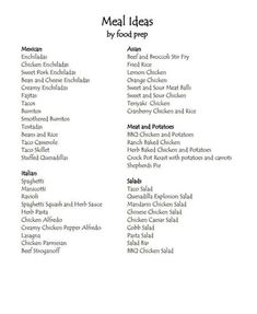 a menu with different types of food and drinks on the front page, including meats