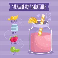 a glass jar filled with strawberry smoothie ingredients