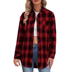 Red Plaid Print Loose Style Lightweight Shirt Jacket Oversized Red Flannel Shirt For Fall, Oversized Red Long Sleeve Flannel Shirt, Casual Red Collared Outerwear, Red Button-up Shirt For Fall, Oversized Red Flannel Shirt, Oversized Red Flannel Shirt Casual, Oversized Red Flannel Shirt Casual Style, Oversized Red Shirt For Fall, Red Button Closure Shirt For Fall