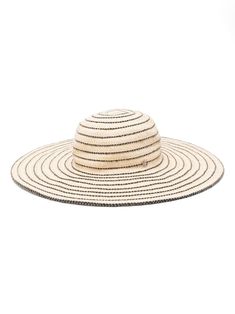 beige/black straw horizontal stripe pattern round crown silver-tone logo lettering dropped wide brim pull-on style Classic Striped Adjustable Hat, Classic Adjustable Striped Hat, Adjustable Striped Flat Brim Hat, Adjustable Striped Brimmed Straw Hat, Adjustable Striped Straw Hat With Curved Brim, Adjustable Striped Hat With Flat Brim, Adjustable Striped Straw Sun Hat, Striped Straw Hat With Curved Brim, Striped Wide Brim Straw Sun Hat