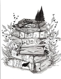 a stack of books sitting on top of each other with trees and leaves around them