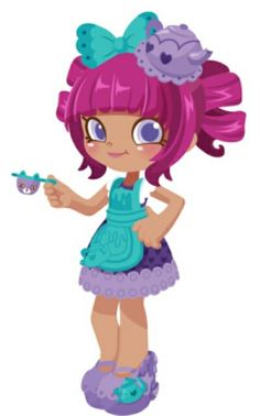 a cartoon girl with pink hair and blue eyes holding a toy in her hand while standing on