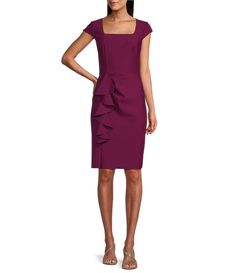 From Alex Evenings&#x2C; this dress features:Stretch jersey fabricationSheath dress silhouettesquare neckline Cap sleevesFront cascade ruffleCenter back zipper closureApprox. 37" lengthNylon/spandexHand washImported. Elegant Fitted Ruffle Dress With Square Neck, Fitted Ruffle Dress With Square Neck, Fitted Square Neck Ruffle Dress, Chic Fitted Ruffle Dress With Square Neck, Formal Fitted Midi Dress With Ruffled Straps, Fitted Ruched Midi Dress With Ruffled Straps, Fitted Midi Dress With Ruched Detail And Ruffled Straps, Fitted Square Neck Dress With Ruffles, Fitted Midi Dress With Ruffled Straps And Details