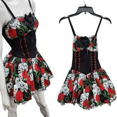 Lip Service Corset Halloween Costume Dress Roses And Skulls Nwt Rockabilly Halloween Party Dress, Punk Style Skull Print Summer Dress, Fitted Rockabilly Dress For Halloween, Emo Style Summer Dress For Costume Party, Red Dress For Halloween Alternative Fashion, Emo Halloween Costume Party Dress, Fitted Gothic Floral Print Dress, Punk Skull Print Dresses For Halloween, Punk Style Skull Print Dress For Halloween