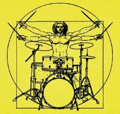 a drawing of a man with drums in front of him on a yellow paper background