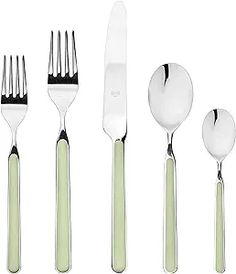 an assortment of utensils including spoons, forks and knives with green handles