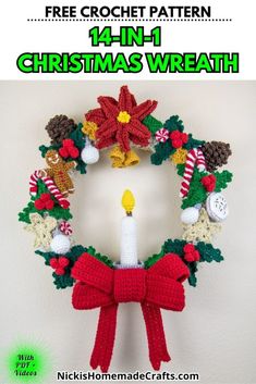 a crocheted christmas wreath with a lit candle in the middle and decorations around it