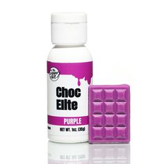 a bottle of choc - ette purple next to a bar of chocolate on a white background