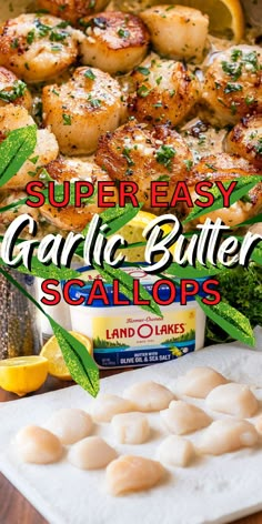 garlic butter scallops with lemon and parsley on the side