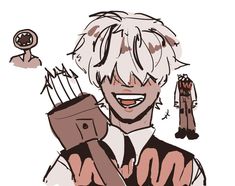 a drawing of a man with white hair holding an object in one hand and smiling at the camera