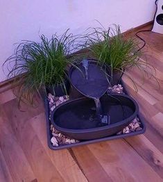 a water fountain with grass growing out of it on the floor next to a wall