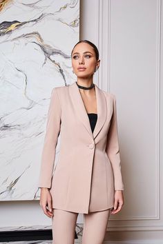 Chic Single Breasted Blazer Dress With Lapel Collar, Chic Semi-formal Pantsuit With Notch Lapel, Chic Single Breasted Pantsuit For Business Casual, Chic Long Sleeve Pantsuit, Elegant Single Breasted Pantsuit With Notch Lapel, Spring Double-breasted Pantsuit With Button Closure, Spring Pantsuit With Notch Lapel And Buttons, Chic Long Sleeve Pantsuit With Double Button Closure, Elegant Single-breasted Pantsuit With Suit Collar