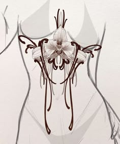 a drawing of a woman's torso with a flower in the center and an intricately designed back