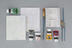 the supplies needed for painting are neatly organized