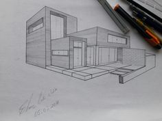 a pencil drawing of a house on paper