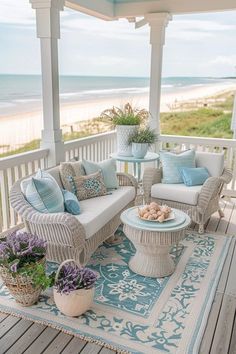 a porch with wicker furniture and blue accents