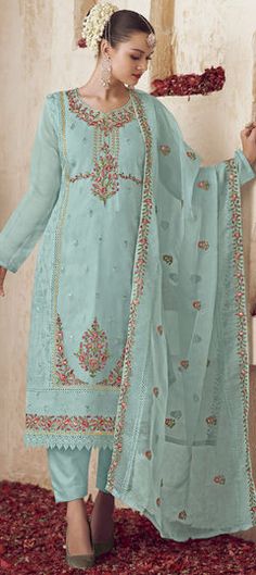 Blue color Salwar Kameez in Organza Silk fabric with Cut Dana, Floral, Resham, Sequence, Thread work Embroidered Salwar, Readymade Salwar Kameez, Straight Suit, Diwali Outfits, Look Festival, Embroidered Pants, Utsav Fashion, Trendy Sarees, Festival Clothing