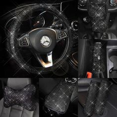 the interior of a car is decorated with black and silver glitters as well as accessories