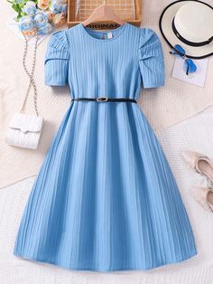 Blue Casual,Cute Collar Short Sleeve Woven Fabric Colorblock,Plain A Line Embellished Non-Stretch  Teen Girls Clothing Frocks For Girls Teens, Short Girl Dress, Puff Sleeve Short Dress, Frock Designs For Girl, Short Frocks, Simple Frock Design, Simple Frocks, Chic Maxi Dresses, Teen Girl Dresses