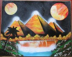 a painting on the wall of a house with pyramids and trees in front of it