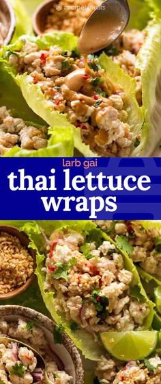 thai lettuce wraps with chicken and rice in them are ready to be eaten