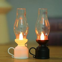 two lit candles sitting next to each other on a table