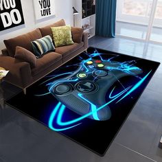 a living room with a rug that has a video game controller on it and blue lights