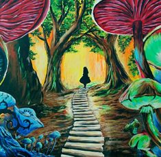 a painting of a person walking down a path in the woods with trees and mushrooms