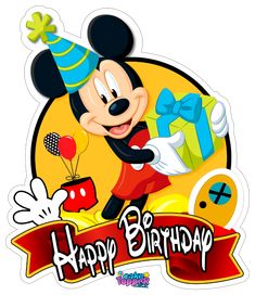 a cartoon mickey mouse with a birthday hat