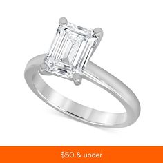 an emerald cut engagement ring with the words $ 350 & under below it, in white gold