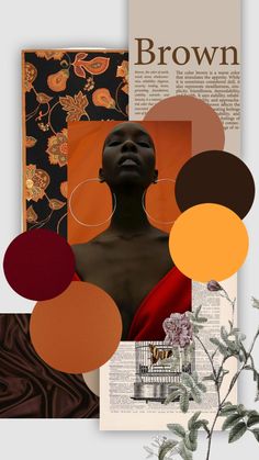 a collage with different colors and shapes on top of each other, including an image of a woman's face