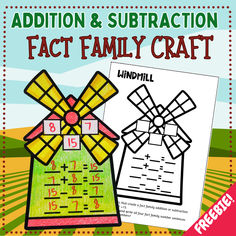 the addition and subtraction fact family craft is shown in front of a farm scene