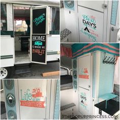 several pictures of the inside of an rv with words written on it and in different colors