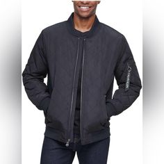 Calvin Klein Men's Black Ribbed Collar Quilted Bomber Jacket Black Quilted Jacket With Pockets For Streetwear, Calvin Klein Black Cold Weather Outerwear, Calvin Klein Black Outerwear With Pockets, Calvin Klein Men, Calvin Klein Black, Black Rib, Mens Jackets, Calvin Klein, Bomber Jacket