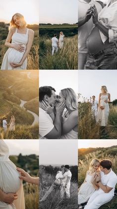 a collage of pregnant women and men posing for pictures in the grass at sunset