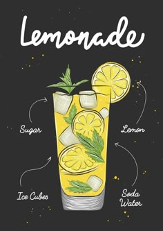 Vector engraved style Lemonade drink in glass illustration for posters, decoration, logo and print. Hand drawn sketch with lettering and recipe, beverage ingredients. Detailed colorful drawing. Beverages Illustration, Beverage Drawing, Food And Beverage Logo, Drinks Drawing, Beverage Illustration, Drink Drawing